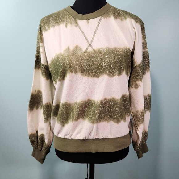 Zenana Small Green Striped Tie Dye-ish Sweater - Picture 1 of 7